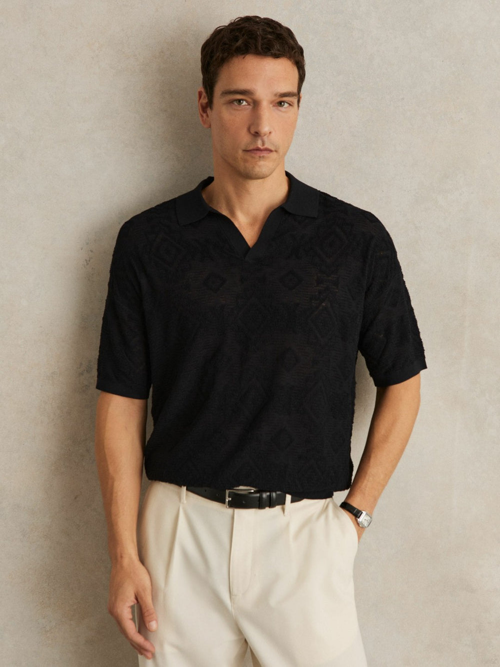 Reiss | Jacquard Loop-Stitch Polo Shirt in Navy