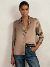 Reiss | Silk-Satin Concealed-Placket Shirt in Taupe Brown