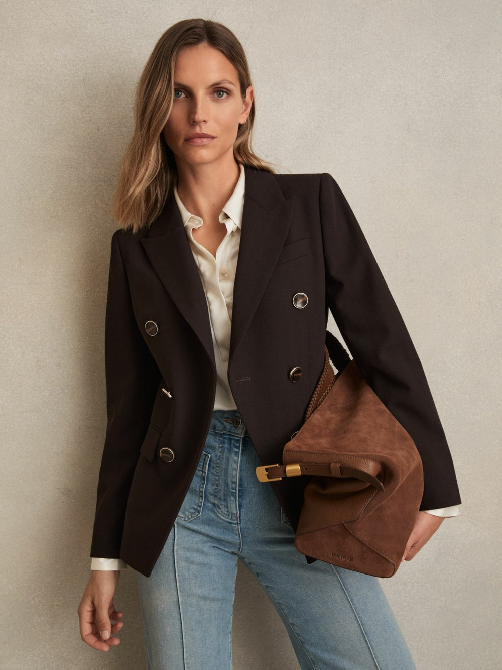 Reiss | Wool-Blend Double-Breasted Blazer in Chocolate Brown