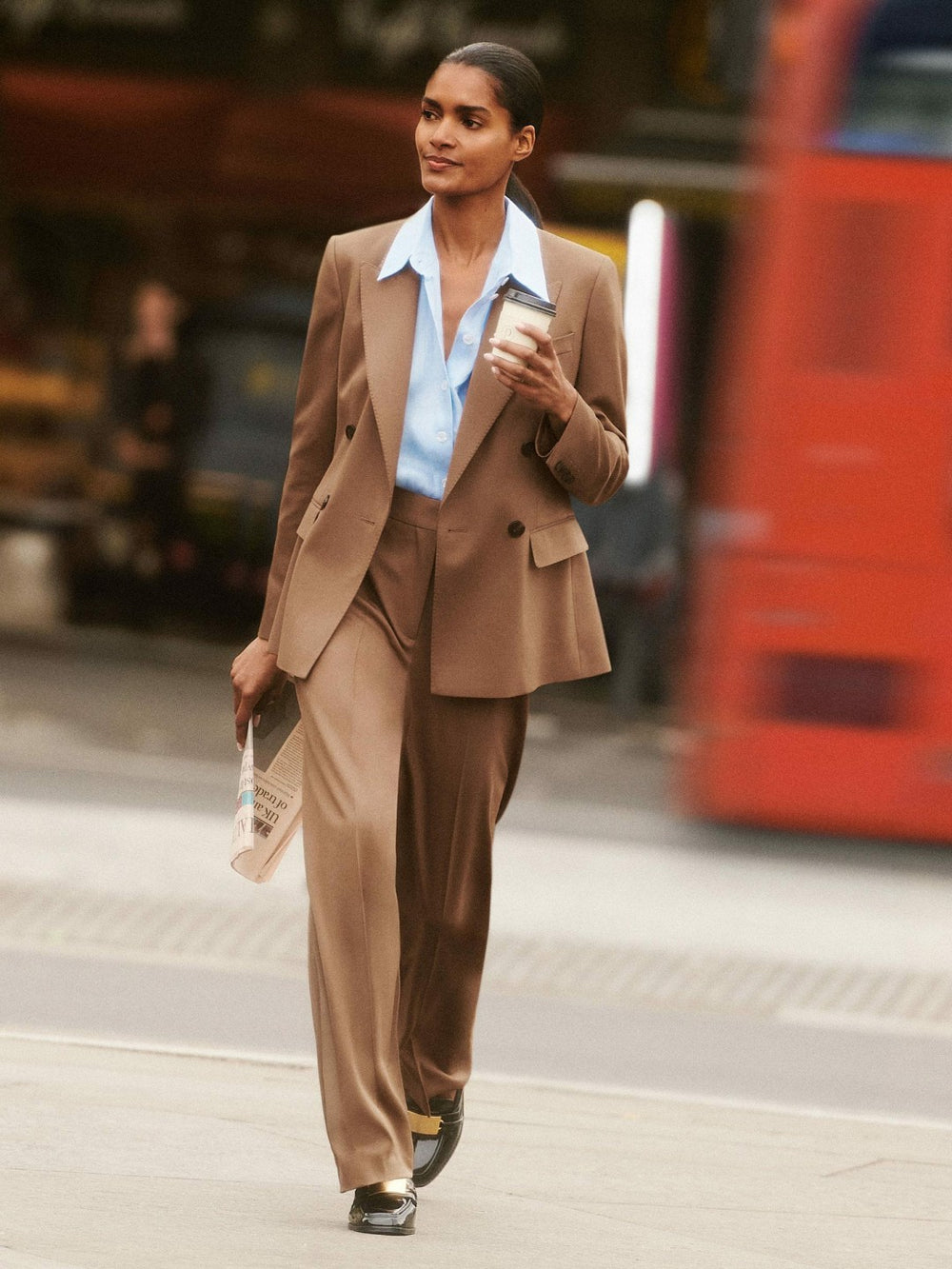 Reiss | Wool-Blend Wide-Leg Suit Trousers in Tan