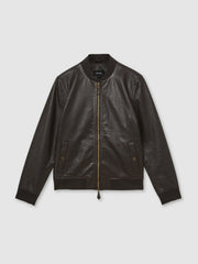 Reiss | Leather Bomber Jacket in Brown