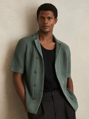Reiss | Cotton Textured-Knit Cuban-Collar Shirt in Pine Green