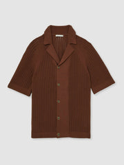 Reiss | Cotton Textured-Knit Cuban-Collar Shirt in Tobacco Brown