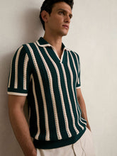 Reiss | Cotton Blend Stripe Knit Polo Shirt in Dark Teal Green/Ecru