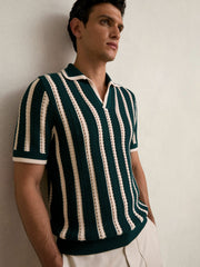 Reiss | Cotton Blend Stripe Knit Polo Shirt in Dark Teal Green/Ecru