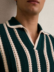 Reiss | Cotton Blend Stripe Knit Polo Shirt in Dark Teal Green/Ecru