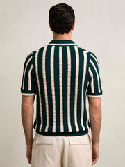 Reiss | Cotton Blend Stripe Knit Polo Shirt in Dark Teal Green/Ecru