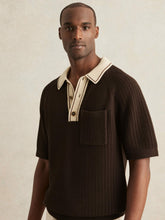 Reiss | Cotton Textured Knit Contrast Polo Shirt in Dark Brown/Stone