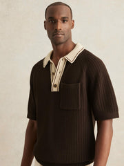 Reiss | Cotton Textured Knit Contrast Polo Shirt in Dark Brown/Stone