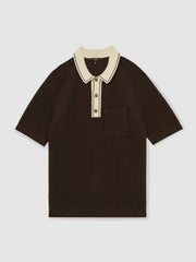 Reiss | Cotton Textured Knit Contrast Polo Shirt in Dark Brown/Stone
