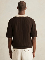 Reiss | Cotton Textured Knit Contrast Polo Shirt in Dark Brown/Stone