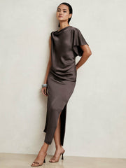 Reiss | Satin Asymmetric Draped Midi Dress in Mauve