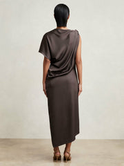 Reiss | Satin Asymmetric Draped Midi Dress in Mauve