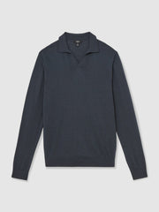 Reiss | Merino Wool Open-Collar Polo Shirt in Midnight Navy