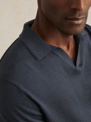 Reiss | Merino Wool Open-Collar Polo Shirt in Midnight Navy