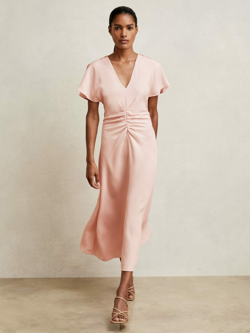 Reiss | Ruched-Front Midi Dress in Pale Pink