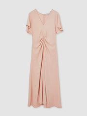 Reiss | Ruched-Front Midi Dress in Pale Pink