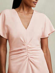 Reiss | Ruched-Front Midi Dress in Pale Pink