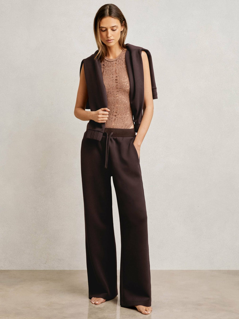 Reiss | Petite Wide-Leg Interlock Drawstring Joggers in Plum