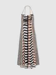 Reiss | Chevron-Stripe Ruched Midi Dress in Black/Brown