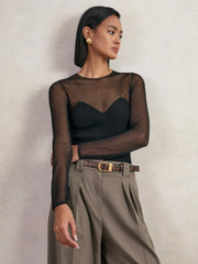 Reiss | Mesh Knit Sweetheart Long-Sleeve Top in Black