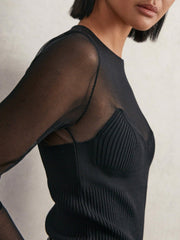 Reiss | Mesh Knit Sweetheart Long-Sleeve Top in Black