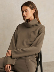 Reiss | Interlock Jersey Funnel Neck Sweatshirt in Khaki Green