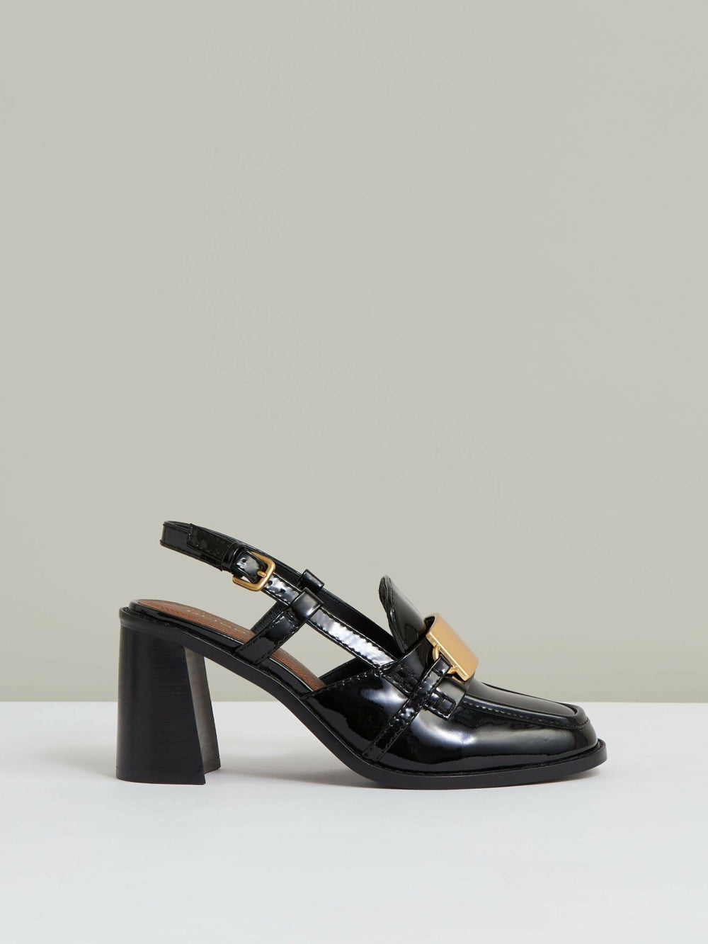 Reiss | Patent Leather Slingback Heeled Loafers in Black