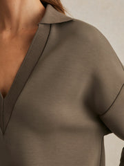 Reiss | Interlock Open-Collar Sweatshirt in Khaki Green