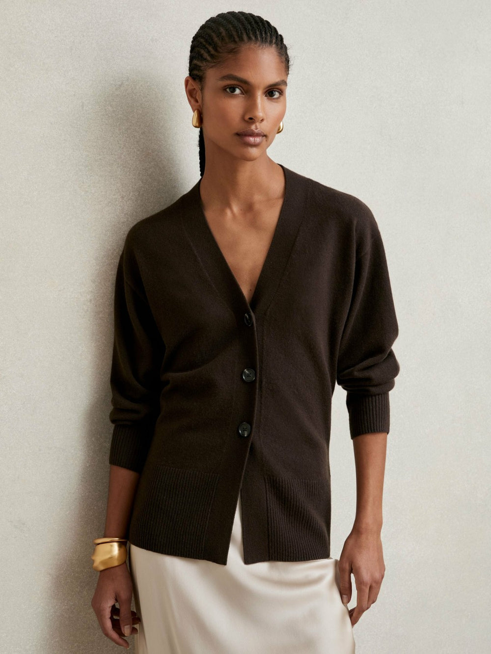 Reiss | Wool-Blend Fitted Cardigan With Cashmere in Chocolate