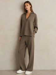 Reiss | Modal-Blend Interlock Wide-Leg Joggers in Khaki Green