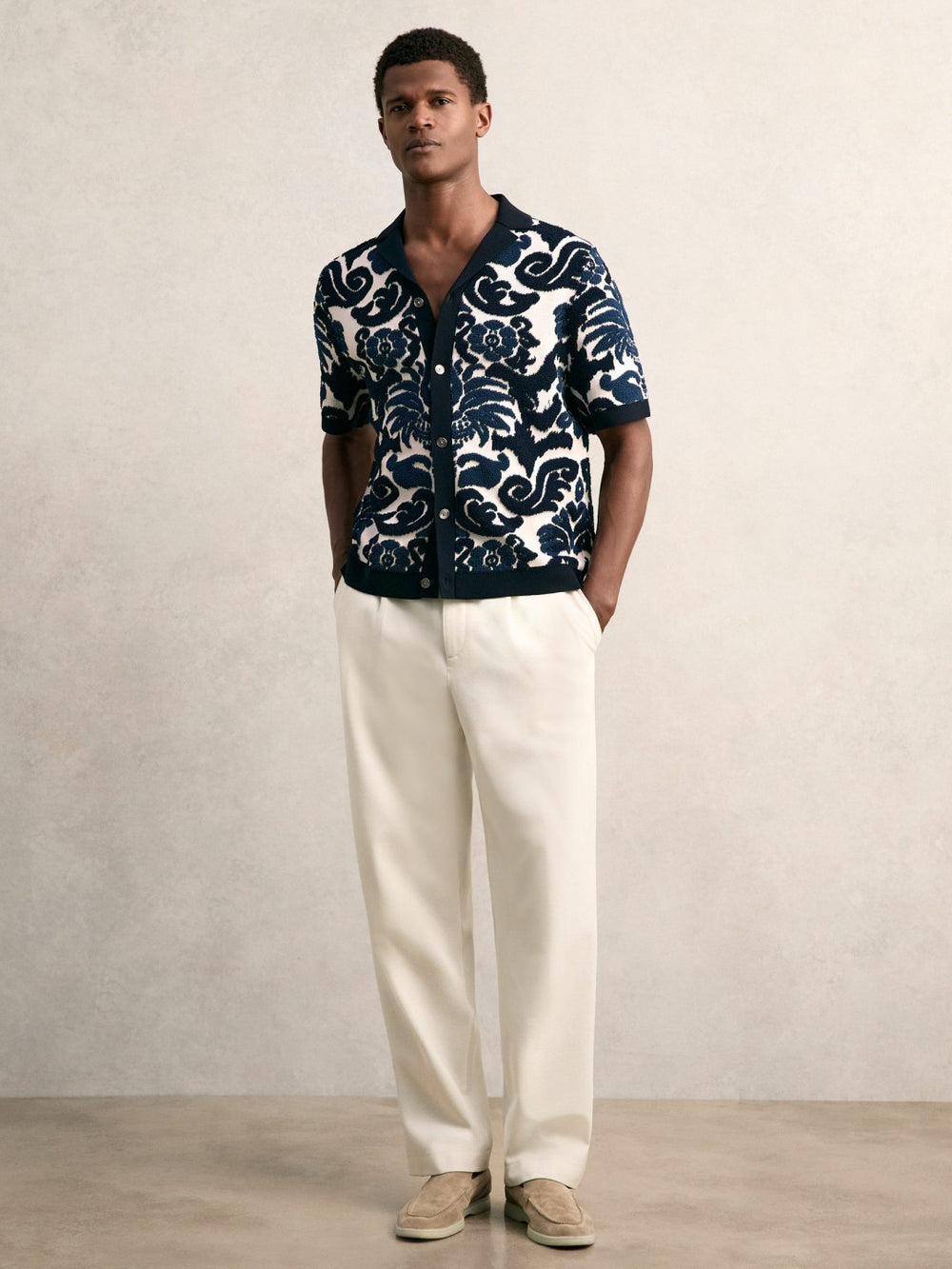 Reiss | Paisley Jacquard Knit Shirt in Navy Blue/White