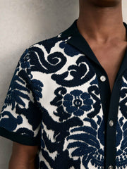 Reiss | Paisley Jacquard Knit Shirt in Navy Blue/White