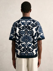 Reiss | Paisley Jacquard Knit Shirt in Navy Blue/White