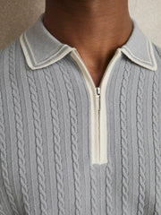 Reiss | Micro-Cable Half-Zip Polo Shirt in Soft Blue