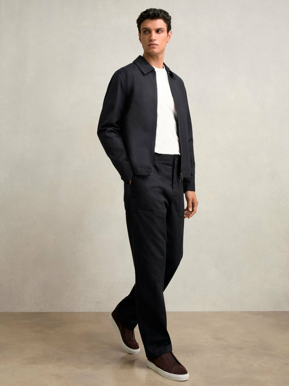 Reiss | Lyocell-Cotton Zip-Through Twill Jacket in Navy