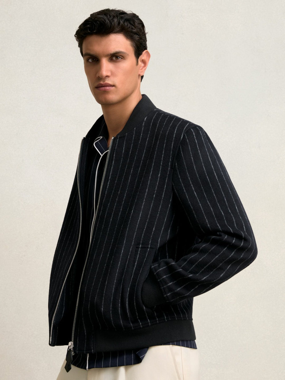 Reiss | Wool-Blend Chalk-Stripe Bomber Jacket in Navy