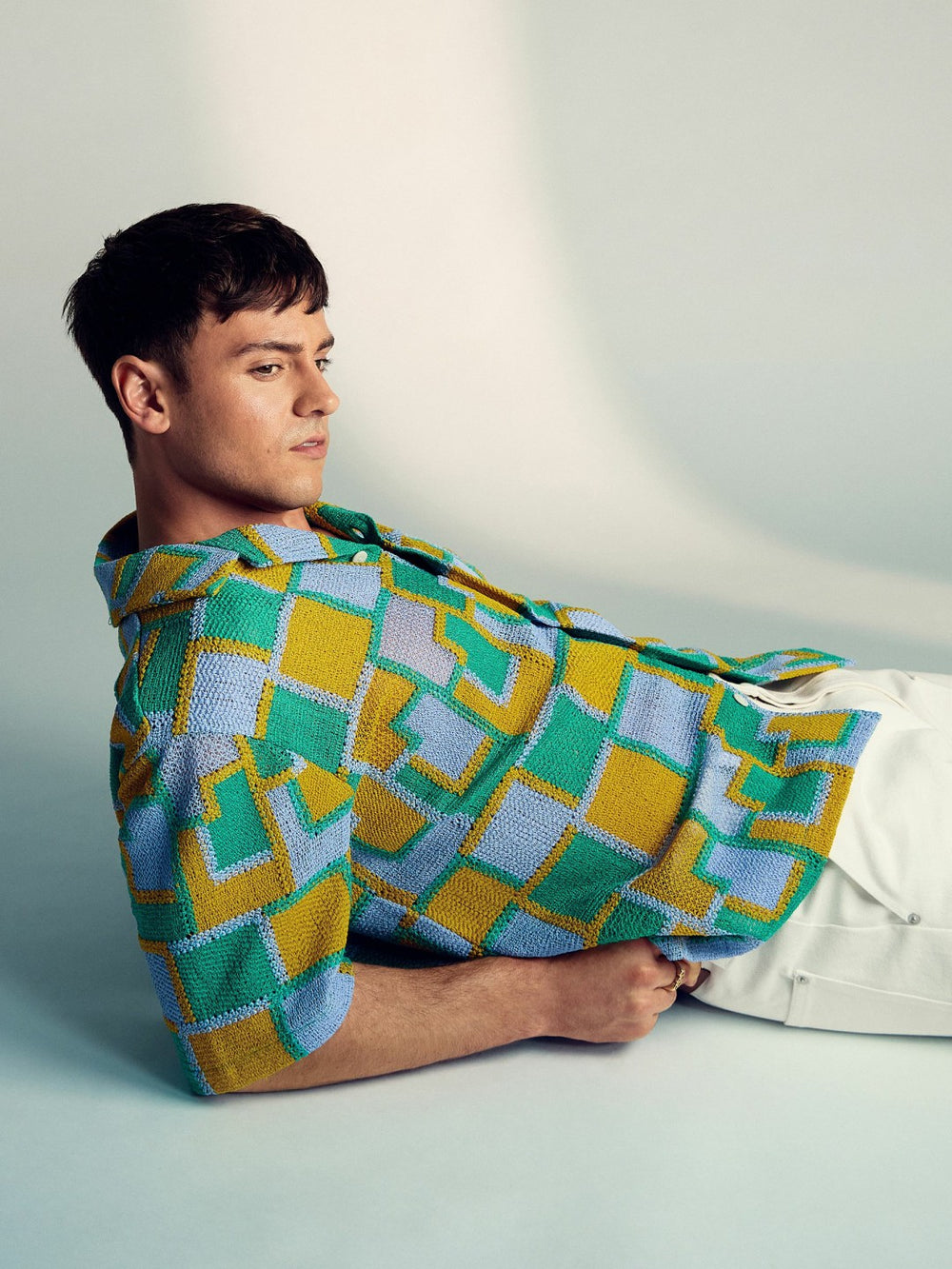 Reiss | | Tom Daley Tile Crochet Shirt in Yellow/Green/Blue Multi