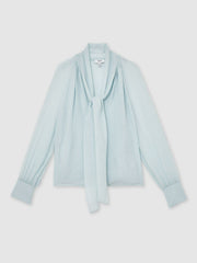 Reiss | Silk Blend Chiffon Tie-Neck Blouse in Pale Blue