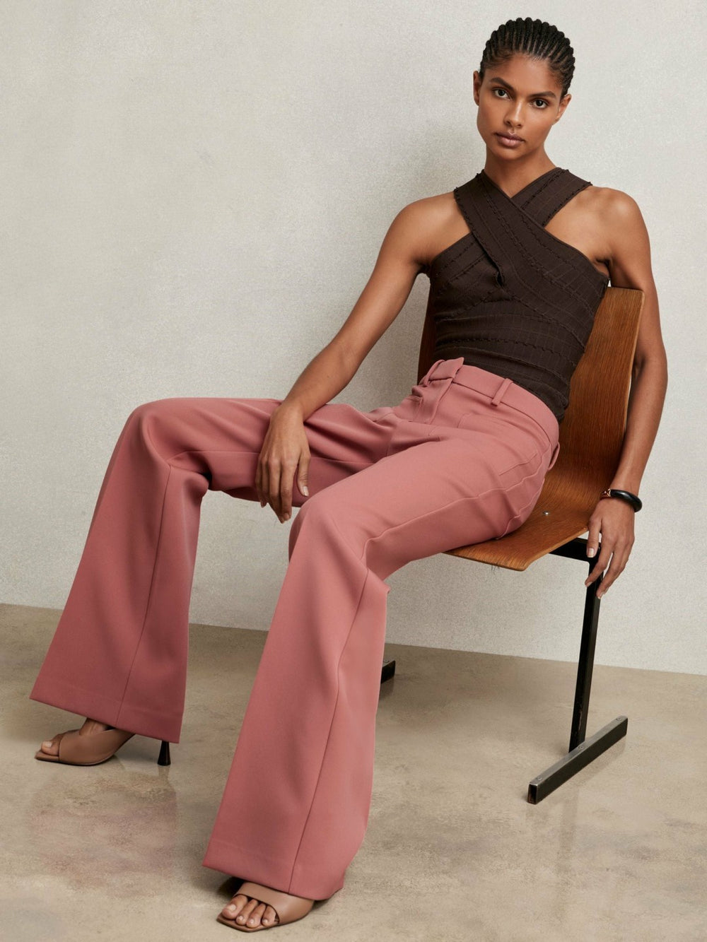Reiss | Petite Twill Patch-Pocket Flared Trousers in Pink