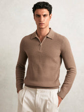 Reiss | Wool Waffle-Knit Half-Zip Polo Shirt in Camel Brown