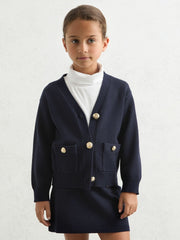 Reiss | 3-9 yrs Knitted Embossed-Button Cardigan in Navy