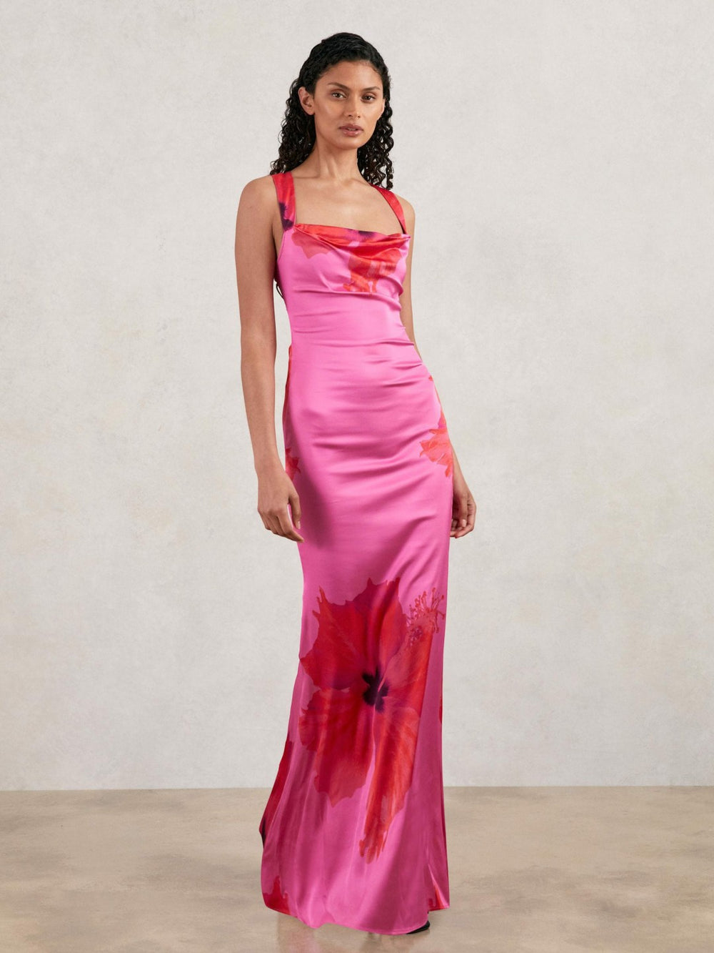 Reiss | Good American Satin Floral Maxi Dress in Pink