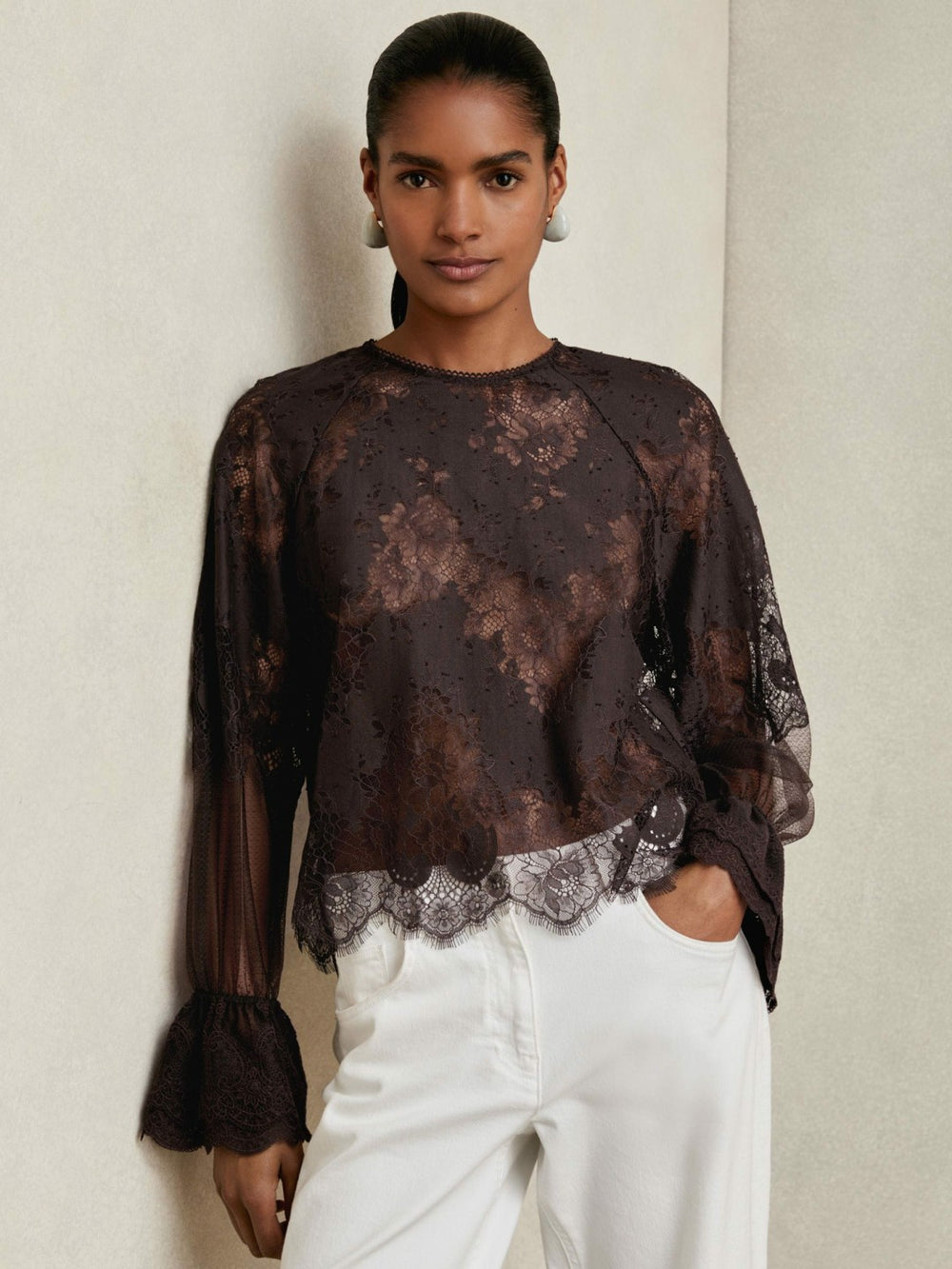 Reiss | Lace Flared Cuff Blouse in Chocolate Brown