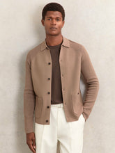 Reiss | Button-Through Ribbed-Sleeve Shirt in Camel Brown