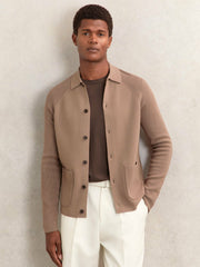 Reiss | Button-Through Ribbed-Sleeve Shirt in Camel Brown
