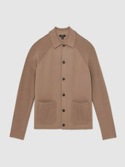 Reiss | Button-Through Ribbed-Sleeve Shirt in Camel Brown