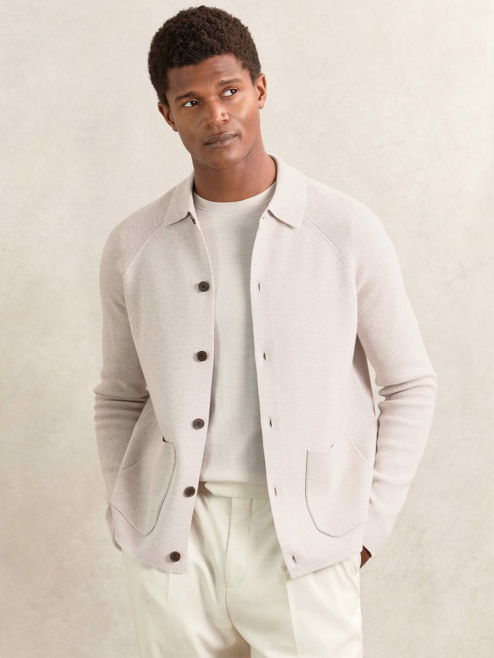 Reiss | Button-Through Ribbed-Sleeve Shirt in Oatmeal Brown