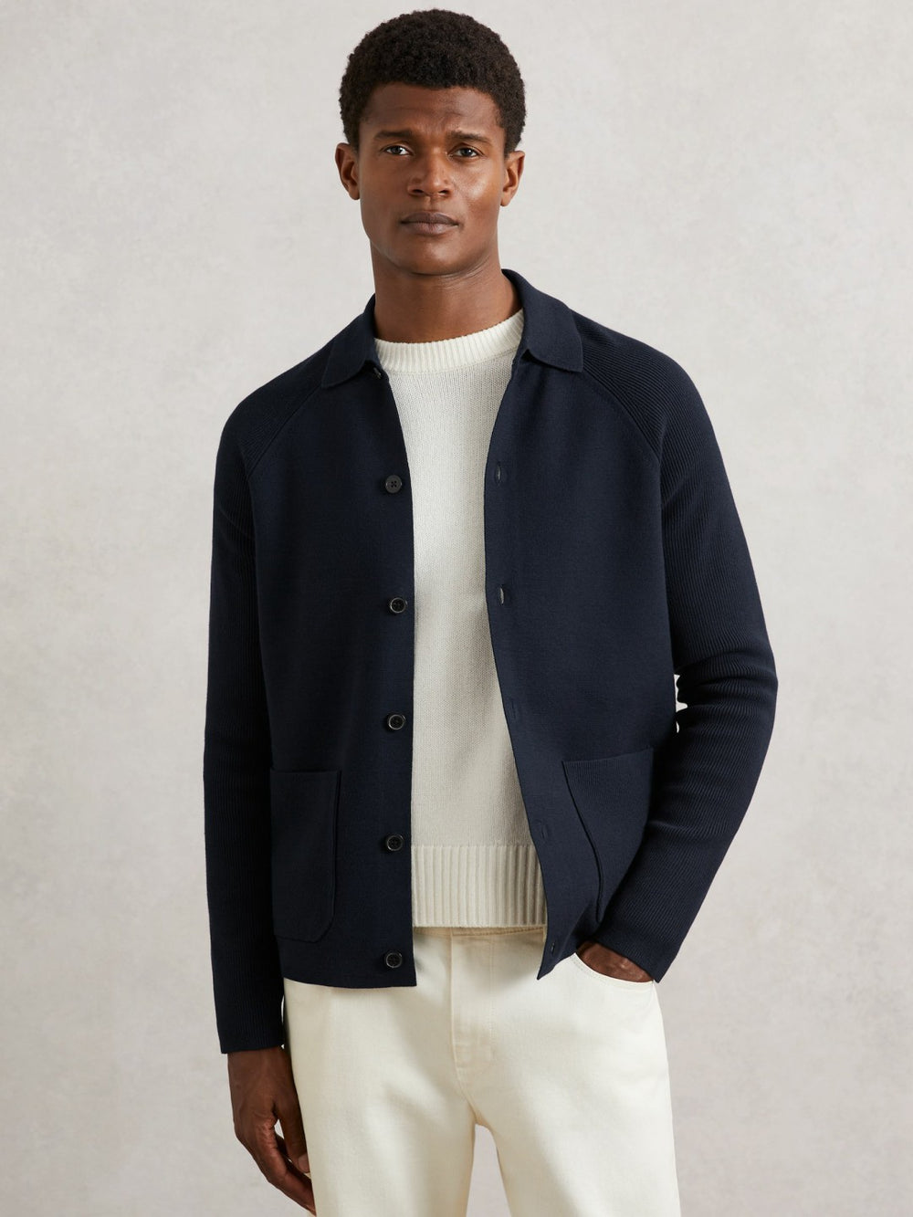 Reiss | Button-Through Ribbed-Sleeve Shirt in Navy Blue