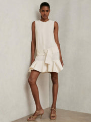 Reiss | Ruffle Hem Belted Mini Dress in Ivory
